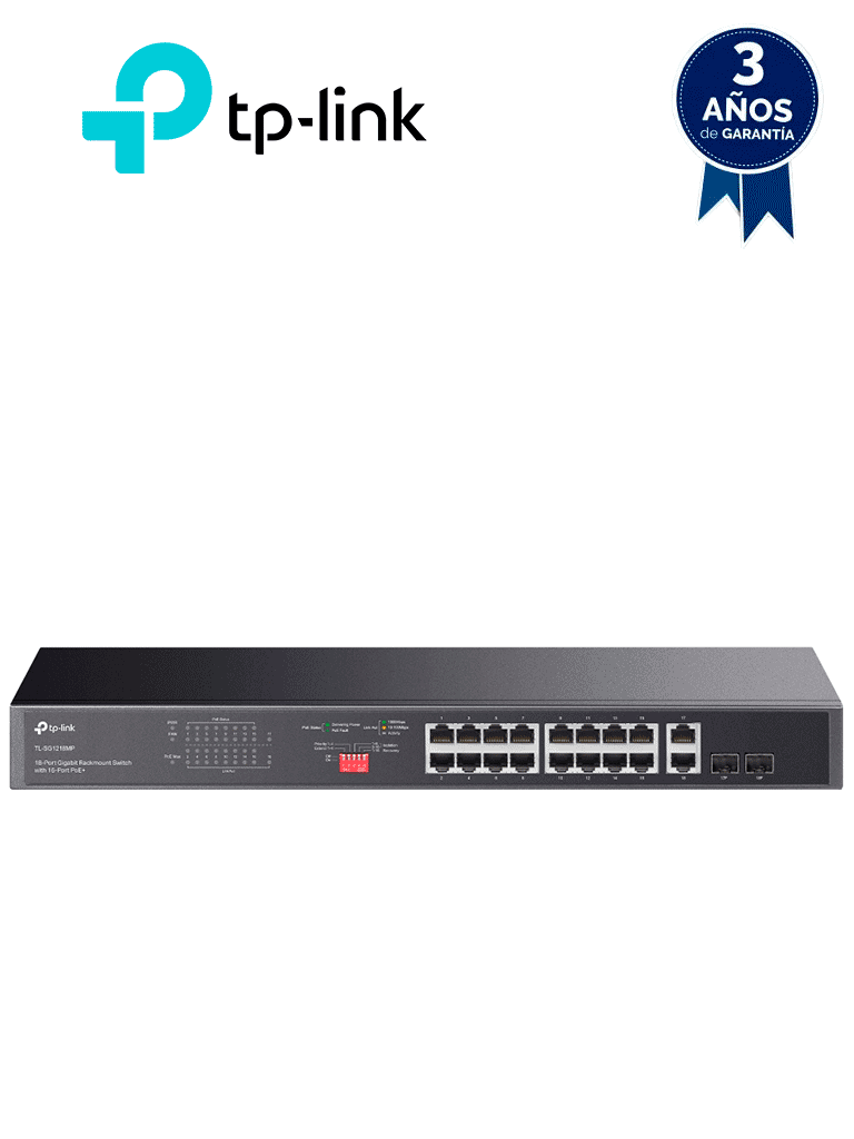 Imagen de TP-LINK TL-SG1218MP - Switch no administrable de 16 puertos 10/100/1000Mbps y PoE af/at con 2 puertos SFP hasta 250W.