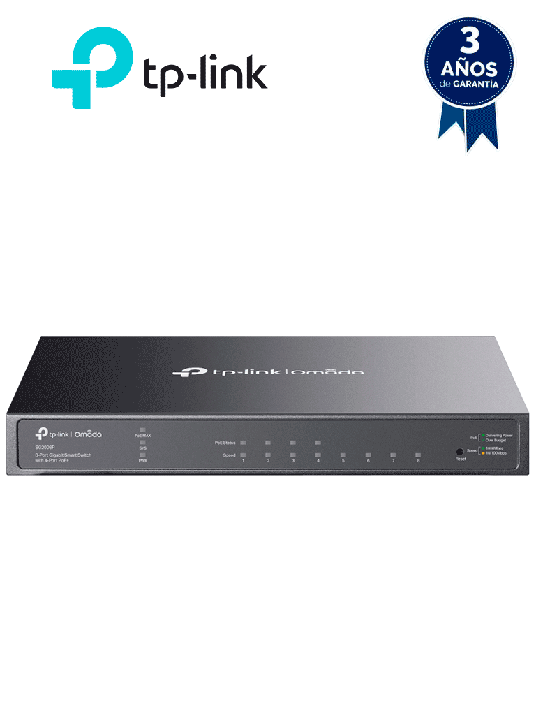 Imagen de TP-LINK SG2008P - Switch administrable JetStream SDN PoE con 8 puertos 10/100/1000 Mbps, incluyendo 4 puertos PoE con un presupuesto total de 62W. Ofrece administración centralizada a través de OMADA SDN.