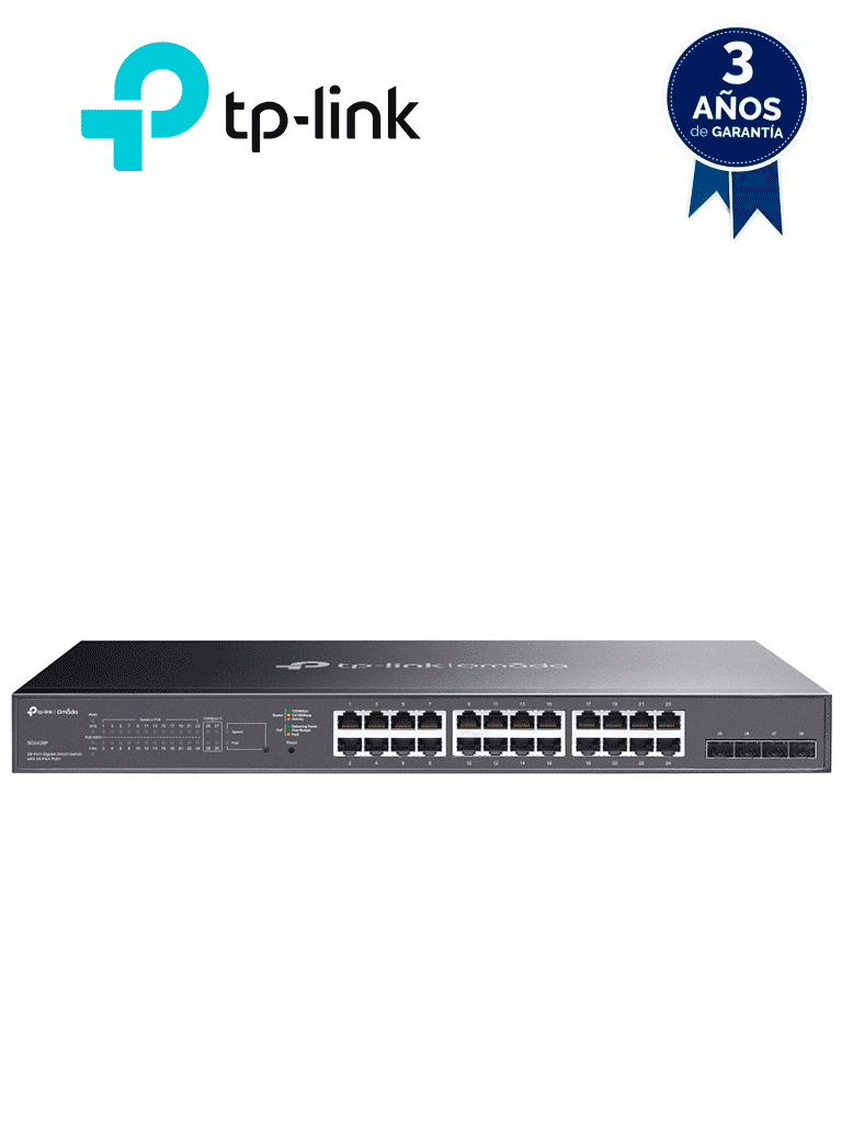 Imagen de TP-LINK TL-SG2428P - Switch JetStream PoE administrable con 24 puertos 10/100/1000 Mbps y 4 puertos SFP. Incluye 24 puertos PoE con una capacidad total de 250W, y es compatible con administración centralizada OMADA SDN.