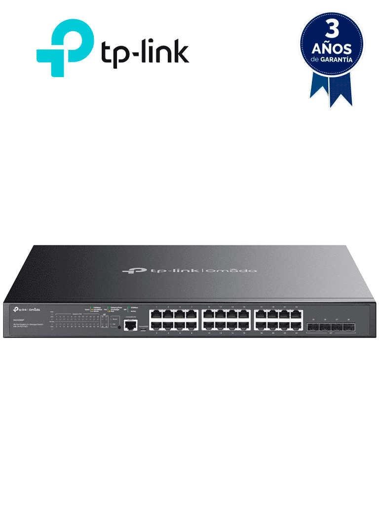 Imagen de TP-LINK SG3428MP -  Switch L2+ Omada PoE+ con 24 puertos PoE+ 10/100/1000 Mbps, 4 puertos SFP 1G, consola RJ45 y microUSB, además gestión centralizada Omada o Stand-Alone, con soporte Multicast IGMP, QoS y presupuesto PoE 384W.