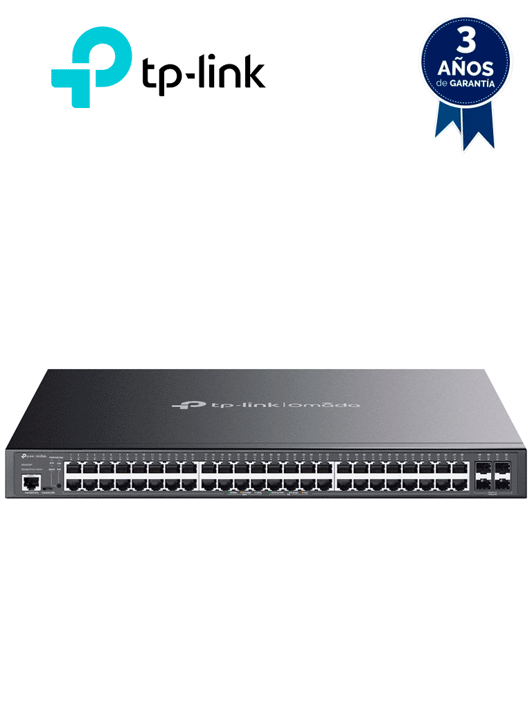 Imagen de TP-LINK SG3452P - Switch L2+ Omada PoE+ con 48 puertos PoE+ 10/100/1000 Mbps, 4 puertos SFP 1G, consola RJ45/microUSB, gestión centralizada Omada/Stand-Alone, soporte Multicast IGMP, Calidad de Servicio (QoS), y presupuesto PoE 384W.