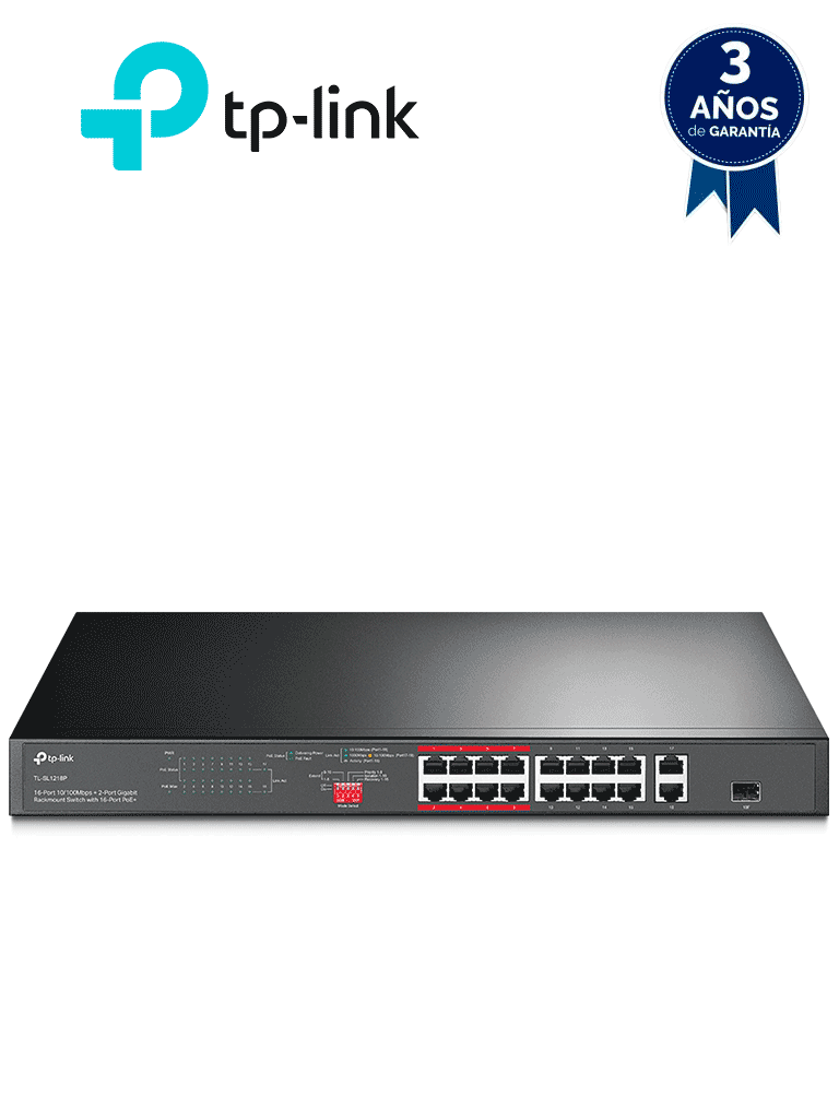 Imagen de TP-LINK TL-SL1218P - Switch PoE+ no administrable con 16 puertos 10/100 Mbps, 2 puertos 10/100/1000 Mbps y 1 puerto SFP. Incluye 8 puertos extensores PoE (hasta 250 m), capacidad de 150W, diseñado para vigilancia IP.