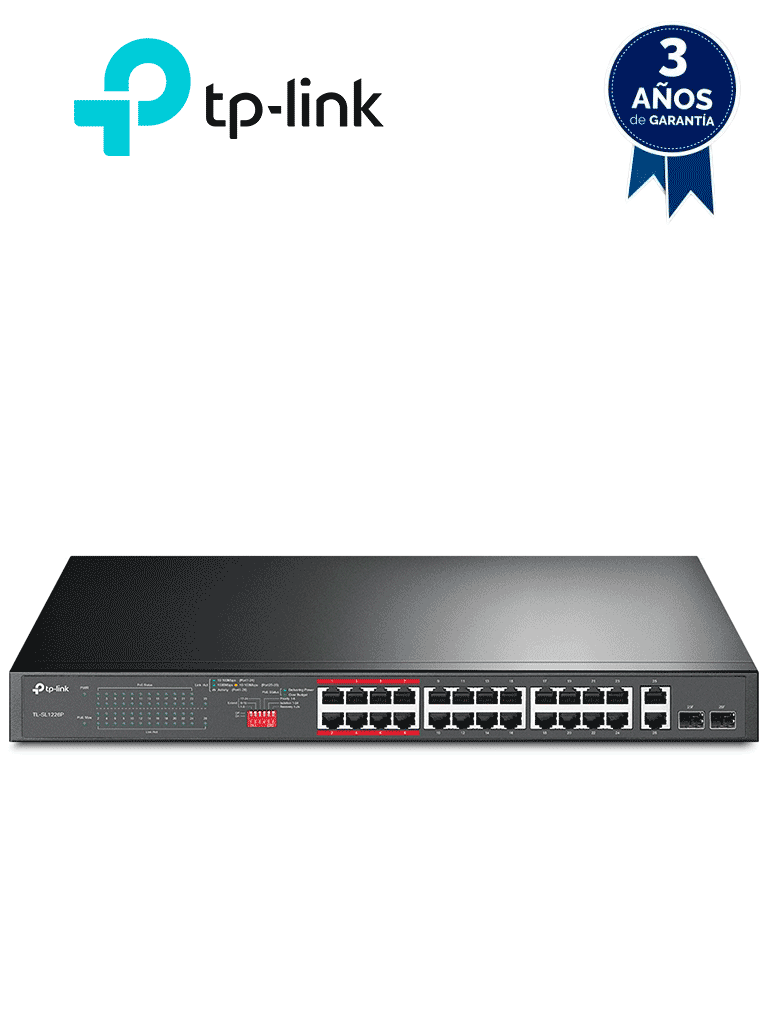 Imagen de TP-LINK TL-SL1226P - Switch PoE+ no administrable con 26 puertos 10/100 Mbps, 2 puertos 10/100/1000 Mbps y 2 puertos SFP. Incluye 8 puertos extensores PoE (hasta 250 m) con una capacidad de 250W, diseñado específicamente para vigilancia IP.