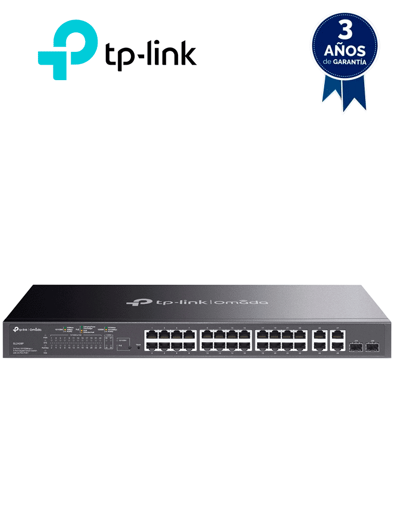 Imagen de TP-LINK SL2428P - Switch PoE+ JetStream SDN administrable con 24 puertos 10/100 Mbps, 2 puertos 10/100/1000 Mbps (Uplink), 2 puertos SFP (combo 2 RJ45 10/100/1000 Mbps), capacidad de 250W y administración centralizada OMADA SDN.