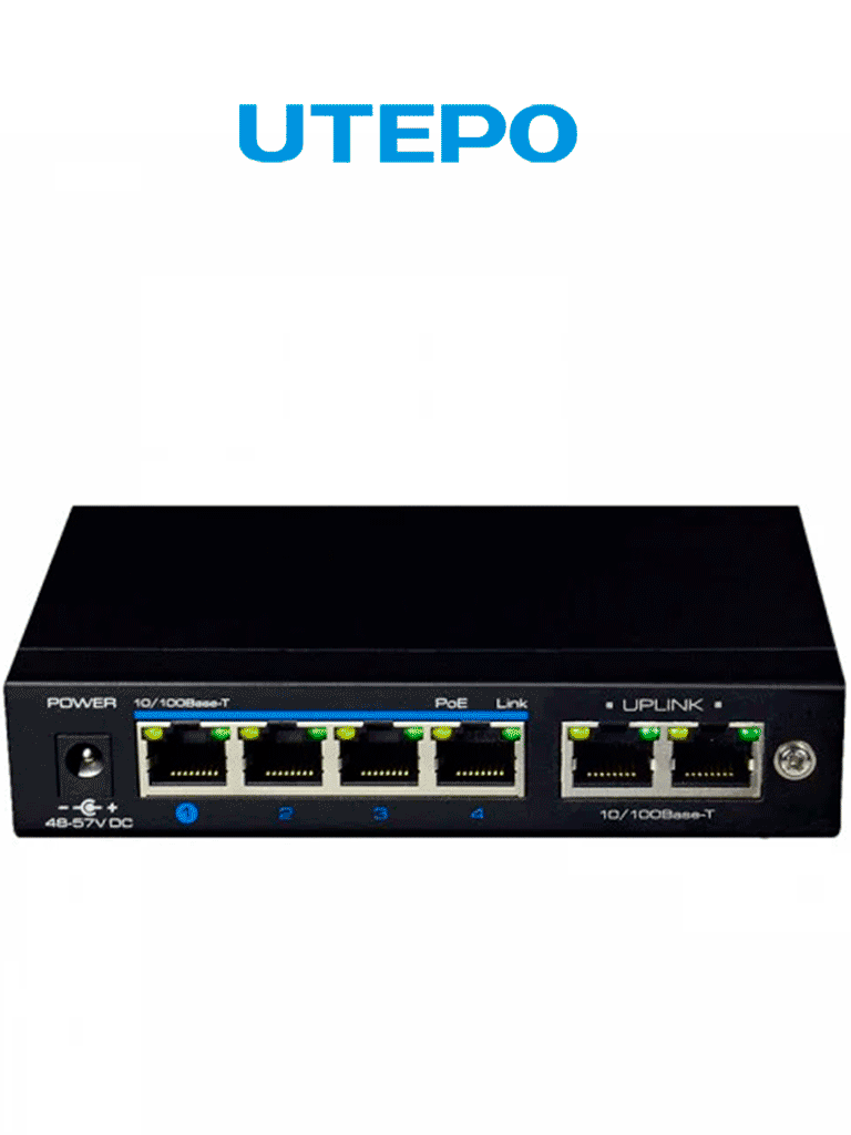 Imagen de UTEPO UTP3GSW04TP60 - Switch Gigabit PoE no administrable con 4 puertos PoE Gigabit, 2 puertos Gigabit RJ45, modo CCTV, PoE 60W