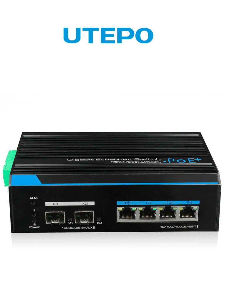 Imagen de UTEPO UTP7304GEPOE - Switch industrial Gigabit PoE administrable, L2, 4 puertos PoE Gigabit, 2 puertos SFP Gigabit, 802.3af/at, Fast RING, PoE 150W