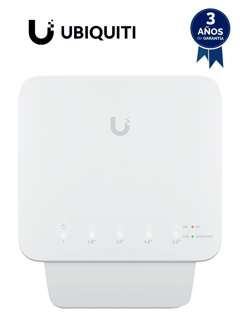 Imagen de UBIQUITI USW-FLEX Switch UniFi para exterior IP55 de 5 puertos 10/100/1000, con 1 puerto PoE de entrada 802.3af/at/bt y 4 puertos PoE de salida 802.3af. Compatible con Inyector PoE-50-60W y UTP7201GE-PSE60. No incluye inyector PoE.