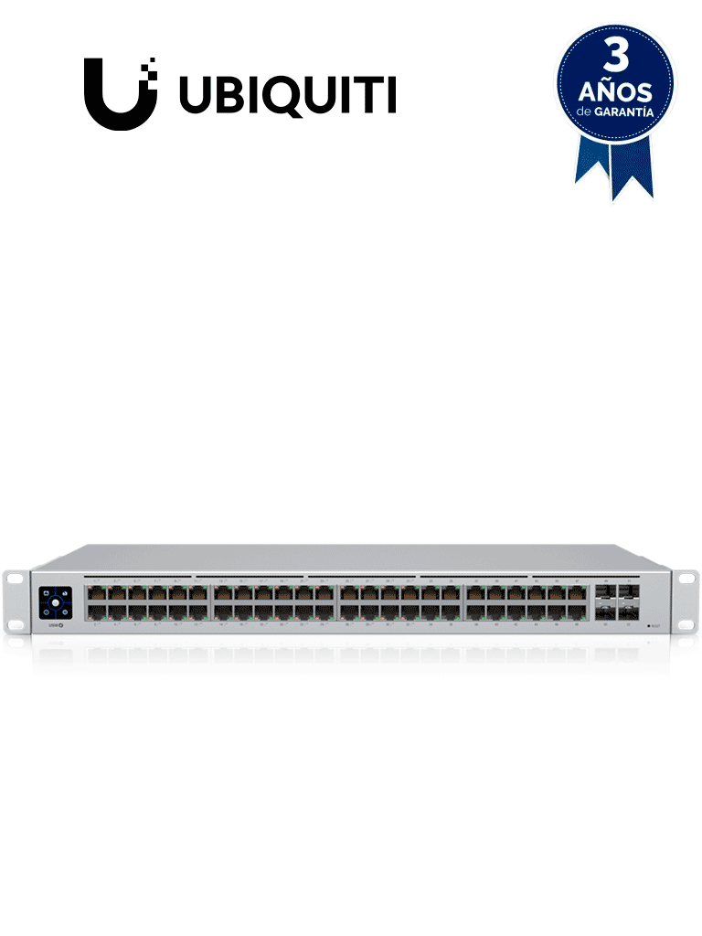 Imagen de UBIQUITI USW-48-POE UniFi Switch de Capa 2 con 48 puertos (32 PoE 802.3af/at + 16 Gigabit) y 4 puertos 1G SFP, con una potencia de 195W y pantalla informativa.