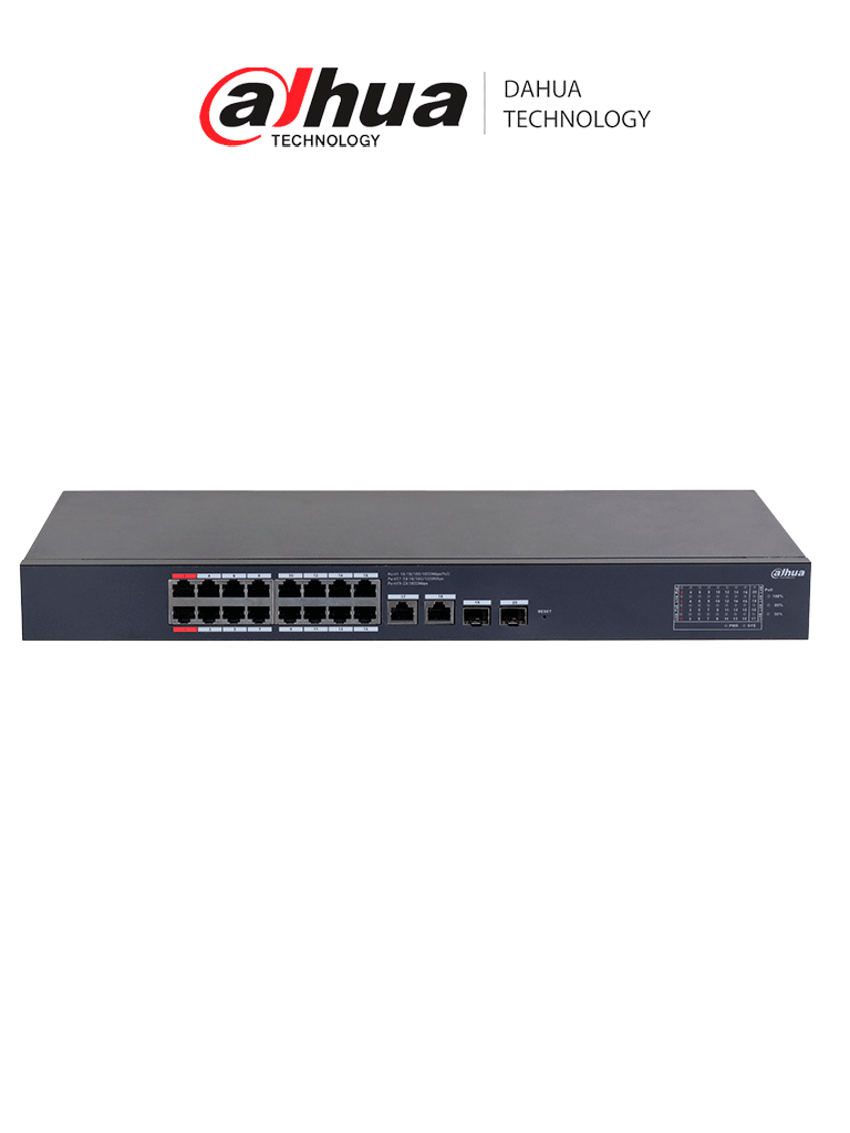 Imagen de DAHUA DH-CS4220-16GT-190 Switch Poe de 16 Puertos Gigabit  con PoE inteligente, puerto rojo de 90W, 190W totales, 2 puertos SFP, PoE Watchdog, switching de 40 Gbps y protección avanzada contra descargas. Plataforma DoLynk Care/