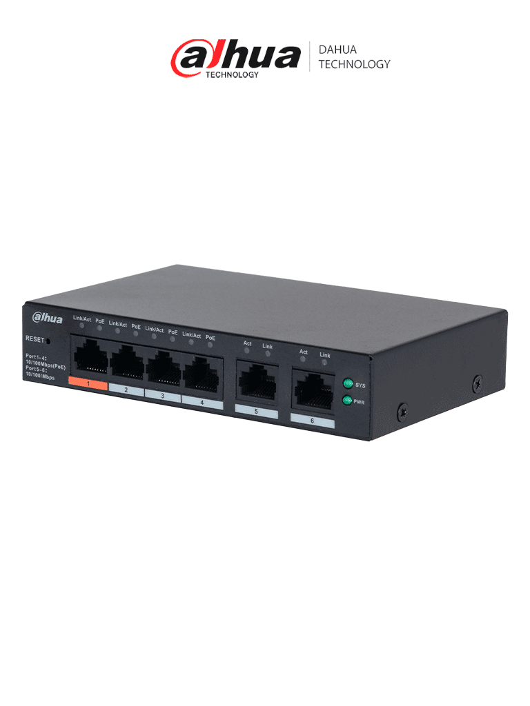 Imagen de DAHUA DH-CS4006-4ET2ET-60 - Switch PoE de 6 Puertos Administrable con 4 PoE (10/100 Mbps) y 2 uplink (10/100/1000 Mbps). Total de 65 W PoE, administración en la nube con DoLynk Care, carcasa metálica robusta, ideal para redes IP.