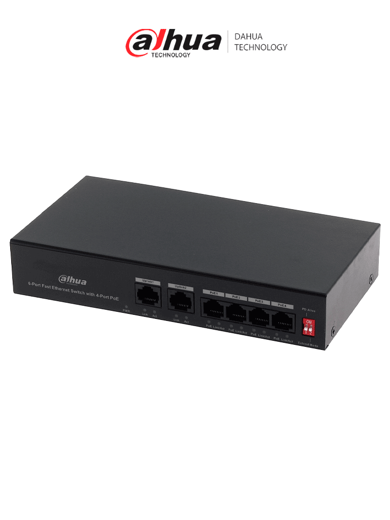 Imagen de DAHUA PFS3006-4ET-36 - Switch PoE de 6 Puertos Fast Ethernet/4 Puertos PoE 10/100/ 2 Puertos uplink 10/100/ 36 Watts Totales/ Switching 1.2 Gbps/ Tasa de Reenvio de Paquetes .89 Mbps/ con Protección de Descargas