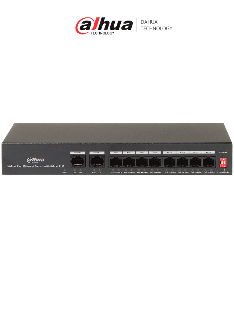 Imagen de DAHUA PFS3010-8ET-65 - Switch Poe de 10 Puertos Fast Ethernet/ 8 Puertos Poe/ 2 Puertos Uplink/ 65 Watts Totales/ Soporta PoE Watchdog/ Switching 2.0 Gbps/ Con Protección de Descargas/