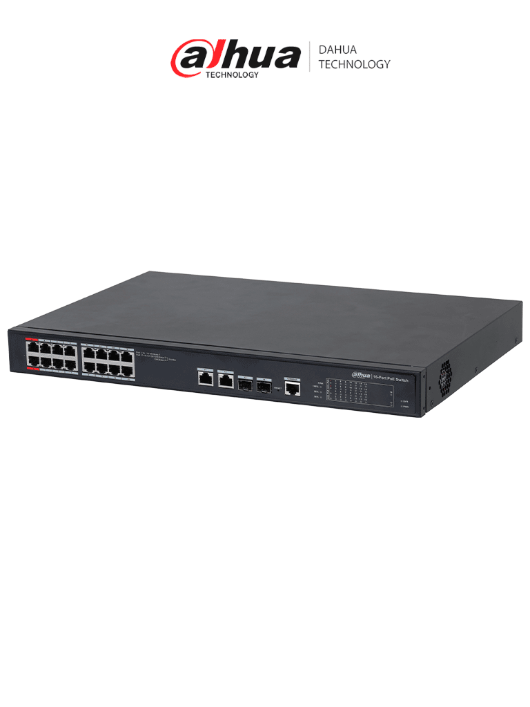 Imagen de DAHUA DH-PFS4218-16ET-240  - Switch  PoE Administrable de 16 Puertos Ethernet/ 16 Puertos PoE/ 240 Watts Totales/ Interfaz Web/ Puerto 1 y 2 Soportan 90 Watts/ 2 Puertos SFP/ 2 Puertos Uplink/ PoE Watchdog/ Switching 8.8 Gbps/