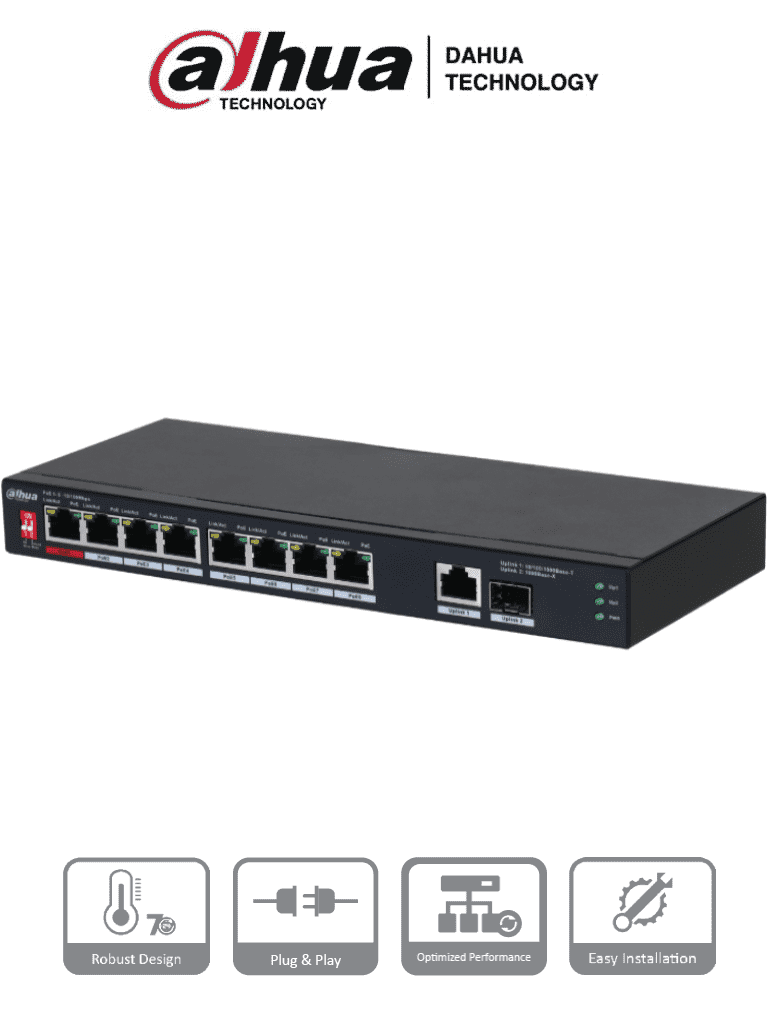 Imagen de DAHUA PFS3110-8ET1GT1GF-96 -Switch PoE de 10 Puertos/  8 Puertos Poe 10/100/ 1 Puerto SFP de 1000 Mbps/ 1 Puerto Uplink de 10/100/1000/ 96 Watts Totales/ Alimentación hasta 250 Mts/ Soporta PoE Whatchdog/ Puerto Rojo soporta IEEE 802.3bt/