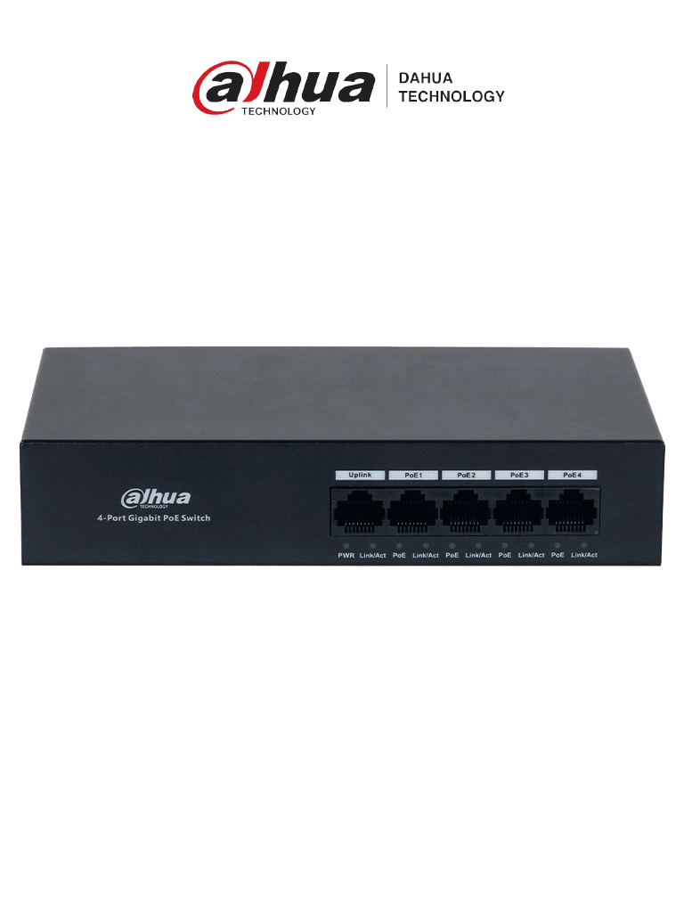 Imagen de DAHUA DH-PFS3005-4GT-36 - Switch con 4 puertos Gigabit PoE y 1 puerto RJ45 10/100/1000 Mbps. Ofrece protección contra descargas eléctricas, ideal para alimentar dispositivos IP. Incluye fuente de poder integrada.