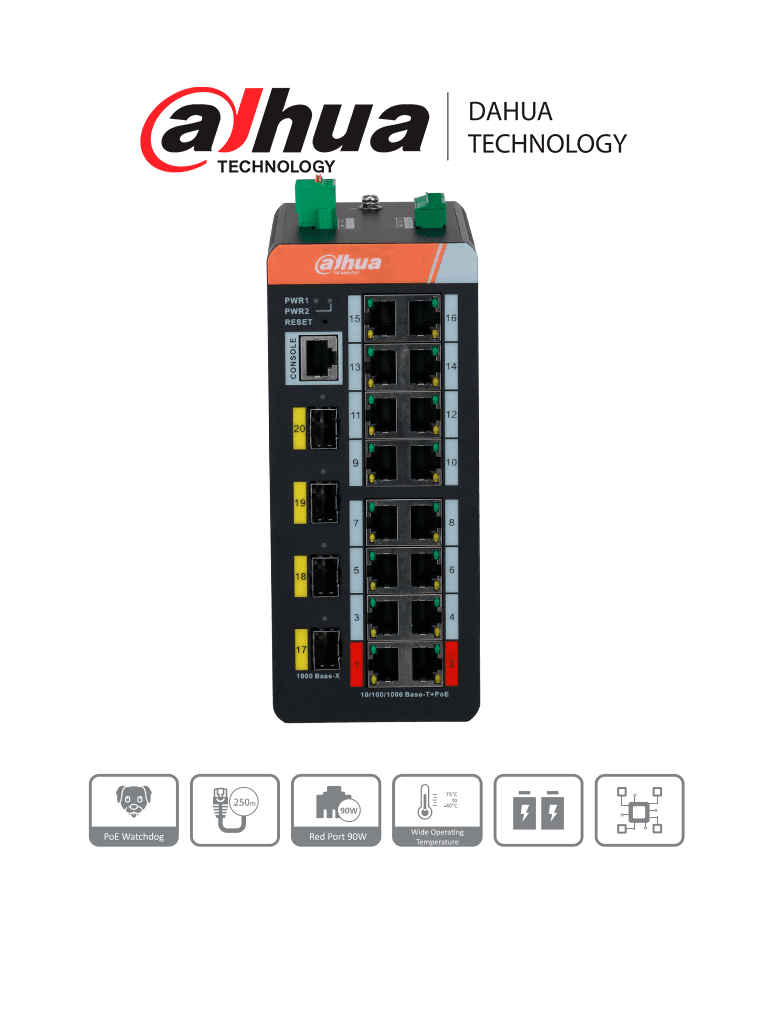 Imagen de DAHUA DH-IS4420-16GT-240 Switch industrial administrado gigabit / 20 puertos/ 16 puertos PoE (administrado)/ PoE wathcdog/ Switching 56 Gbps