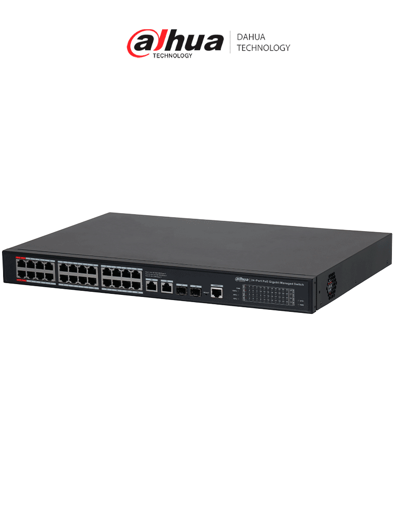 Imagen de DAHUA DH-S4228-24GT-240 Switch PoE Gigabit Administrable con 24 puertos PoE, ideal para transmisión de larga distancia (hasta 250 m), perfecto para redes de Capa 2.