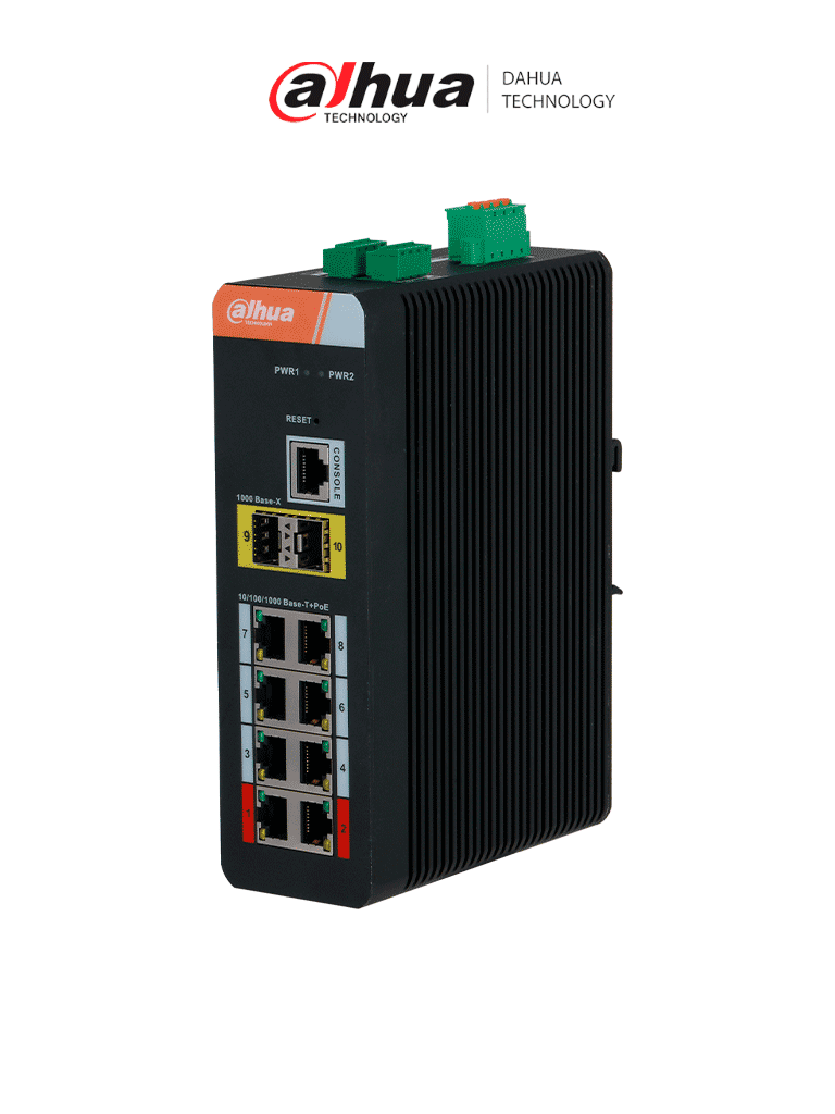 Imagen de DAHUA IS4210-8GT-120 Switch  PoE  Gigabit Grado industrial de 10 puertos con 8 puertos PoE / PoE Watchdog/ Administrable Capa 2/ 8 Puertos PoE Gigabit/250 m de transmisión PoE de larga distancia (10 Mbps)/ Fuente de alimentación redundante