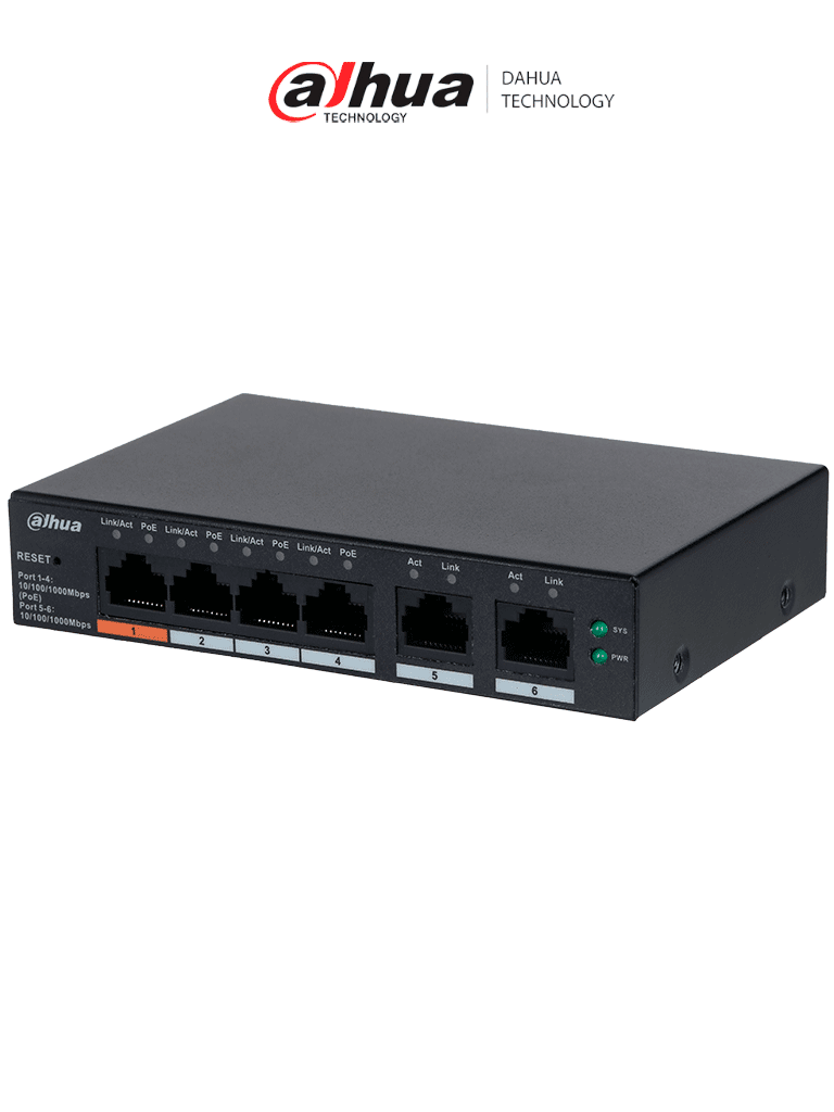 Imagen de DAHUA CS4006-4GT-60 -  Switch PoE de 6 Puertos Gigabit/ 4 Puertos PoE 10/100/1000/ 2 Puertos Uplink 10/100/1000/ 60 Watts Totales/ Administrable en la Nube por DoLynk Care/ PoE Hasta 250 Metros/ Carcasa Metalica/ Switching 12 Gbps