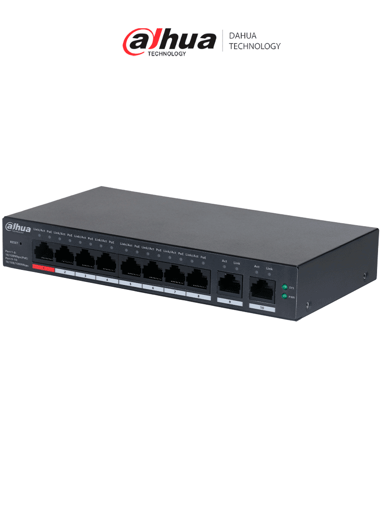 Imagen de DAHUA CS4010-8ET-110 -  Switch Poe de 10 Puertos/ 8 Puertos PoE 10/100/ 2 Puertos Uplink 10/100/1000/ 110 Watts Totales/ Administrable en la Nube por DoLynk Care/ PoE 250 Metros/ Carcasa Metalica/ Switching 5.6 Gbps/