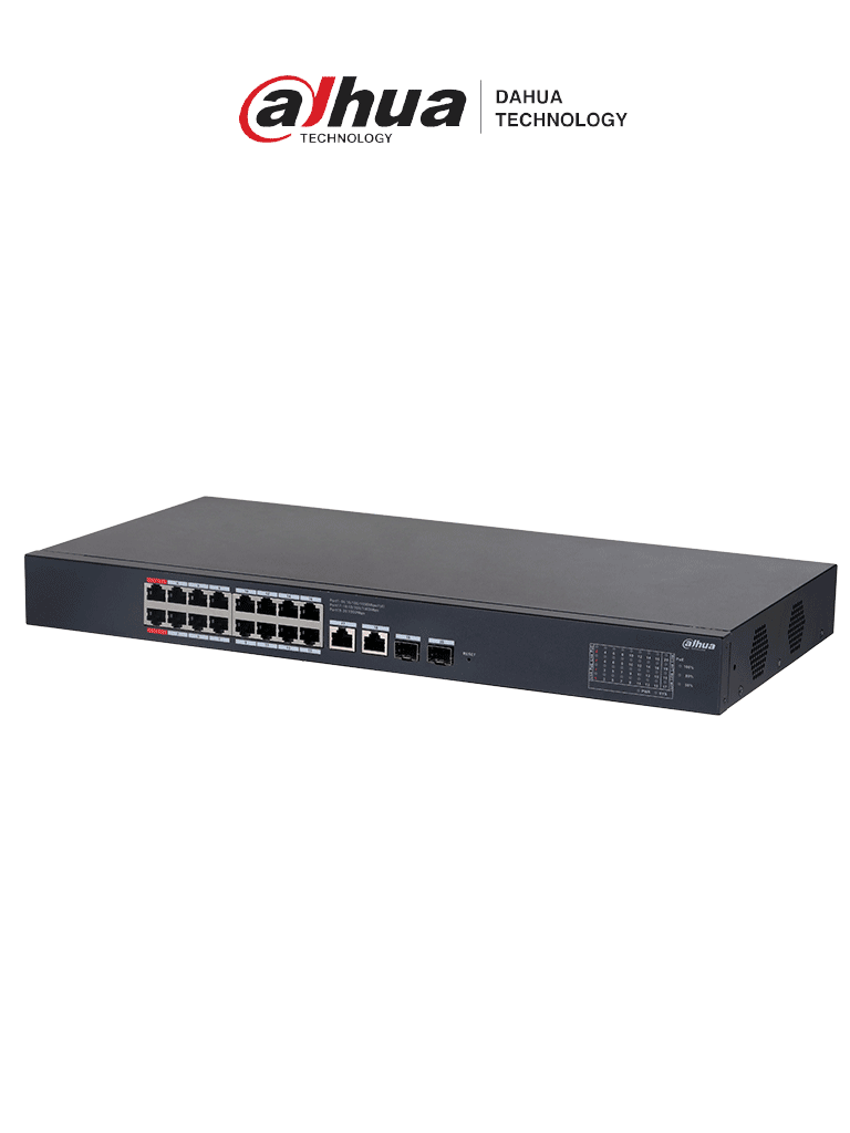 Imagen de DAHUA  DH-CS4220-16GT-135 Switch Poe de 16 Puertos Gigabit/ Poe Inteligente/ Puerto Rojo de 90W/ 135 Watts Totales/ 2 Puertos SFP/Poe Watchdog/ Switching 40 Gbps/ Protección de Descargas/ Plataforma DoLynk Care