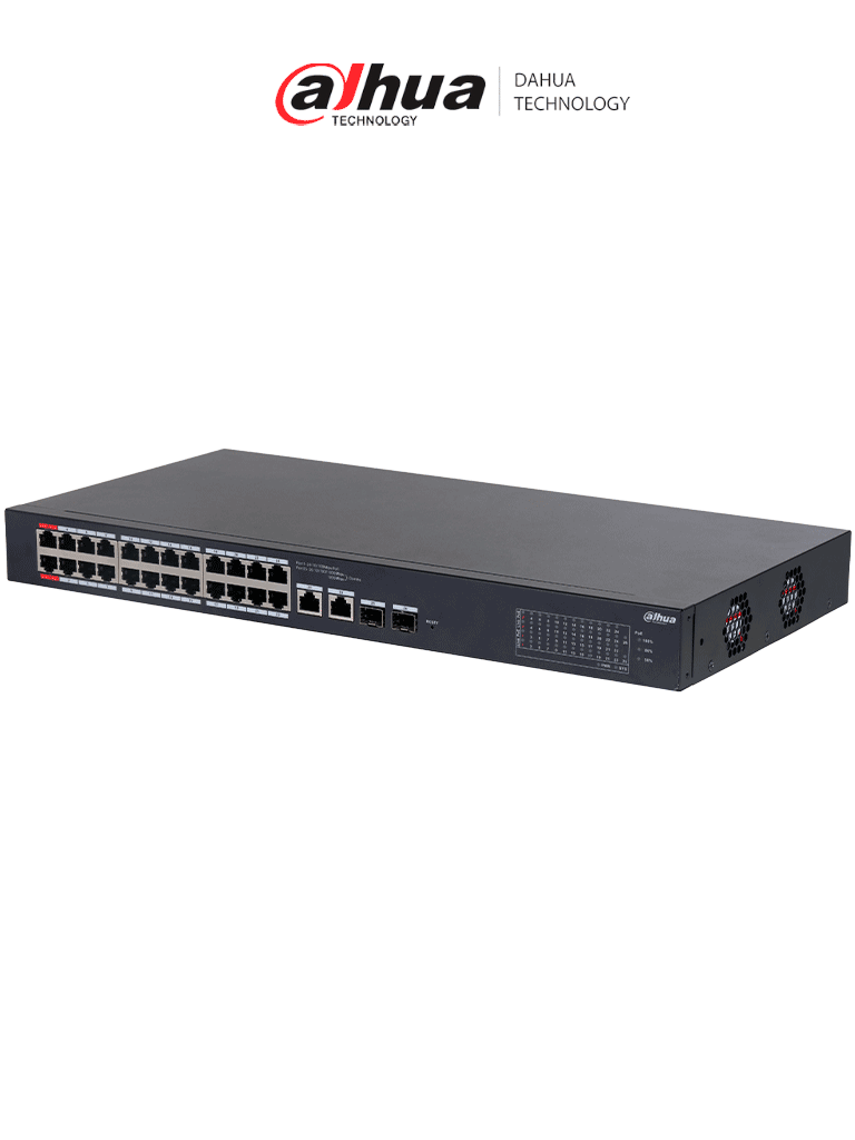 Imagen de DAHUA CS4226-24ET-240 - Switch PoE de 26 Puertos/ 24 Puertos PoE 10/100/ 2 Uplink 10/100/1000 + 2 Puertos SFP/ 240 Watts Totales/ / Administrable en la Nube por DoLynk Care/ PoE Hasta 250 Metros/ Carcasa Metalica/ Switching 8.8 Gbps/