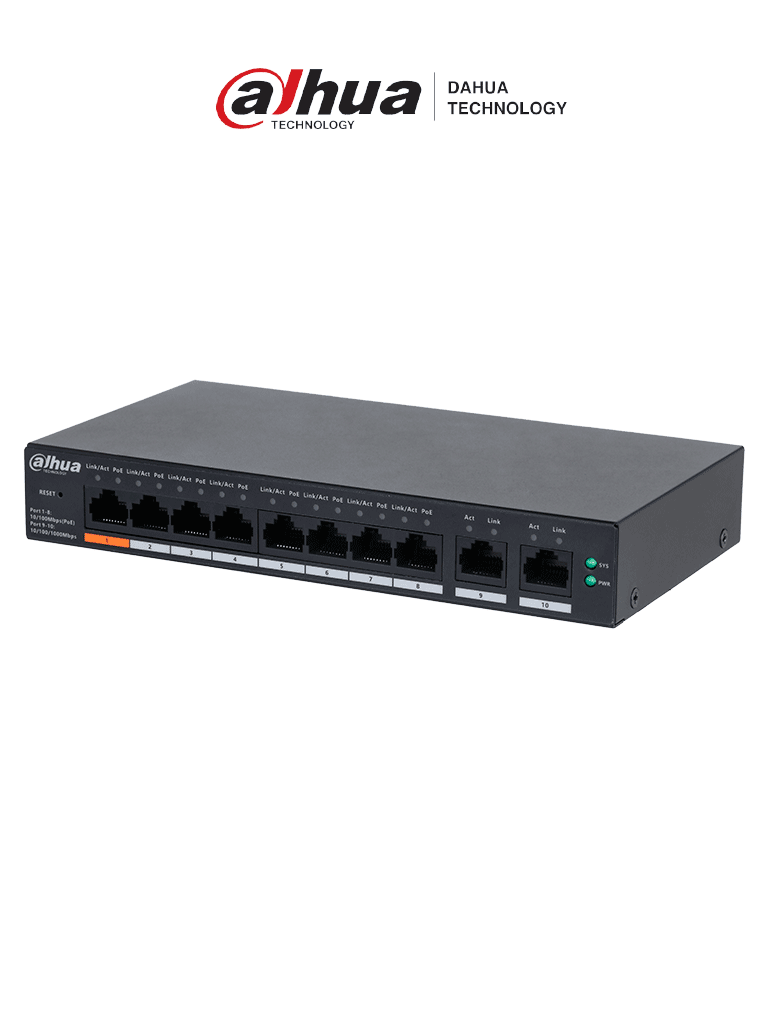 Imagen de DAHUA DH-CS4010-8ET-60 Switch Poe de 8 Puertos / Poe Inteligente/ 60Watts Totales/ 2 Puertos uplink/ Switching 4.8Gbps/ Protección de Descargas/ DoLynk Care/