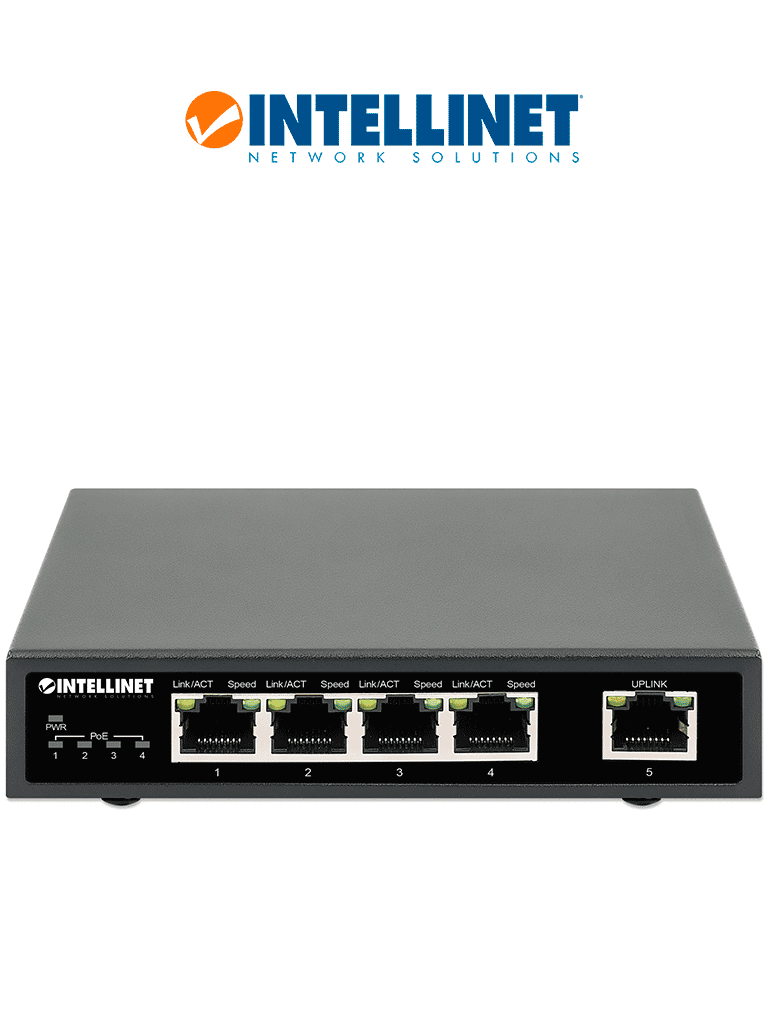 Imagen de INTELLINET 561839 - Switch PoE+ de 5 puertos Gigabit, 4 puertos PoE IEEE 802.3at/af (PoE+/PoE), con 62W de presupuesto de energía, para escritorio