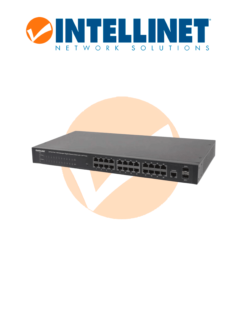 Imagen de INTELLINET 560559 - Switch Administrable por Web Gigabit Ethernet de 24 puertos PoE+ y 2 puertos SFP / 24 puertos PoE / Power over Ethernet estándares IEEE 802.3at/af (PoE+/ PoE), 2 puertos SFP, Endspan, para montaje en rack de 19"