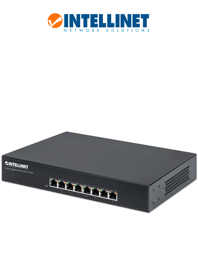 Imagen de INTELLINET 560641 -Switch Gigabit PoE+ de 8 puertos, IEEE 802.3at/af, 140W, Endspan, para escritorio y montaje en rack de 19"