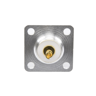 Conector UHF Hembra (SO-239) para Montaje de Chasis con 4 Hoyos a 18 mm, Terminal Soldable, Plata/ Oro/ Teflón.
