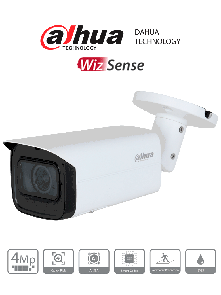 Imagen de DAHUA DH-IPC-HFW3441T-ZS-S2- Cámara IP Bullet de 4 MP/ WizSense/ Lente Motorizado de 2.7 a 13.5mm/ IR de 60 Metros/ H.265+/ WDR Real/ Protección Perimetral/ IP67/ PoE/ SMD Plus/