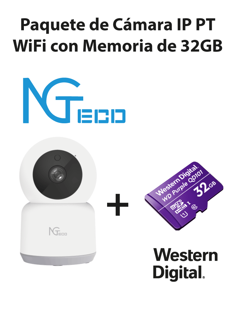 Imagen de NGTECO NGC2401PAK - Paquete de Cámara NGC2401 IP PT WiFi 1080P con Memoria de 32GB Micro SDHC/ Linea Purple/ Clase 10 U1