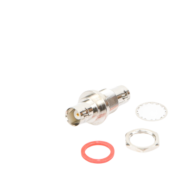 Adaptador Doble BNC Hembra para Chasis, Hermético y de Montaje en D-Plano, Níquel/ Oro/ Delrin.