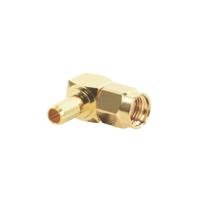 Conector SMA Macho Inverso en Ángulo Recto de Anillo Plegable para Cables RG-58/U, RG-142/U, Oro/ Oro/ Teflón.