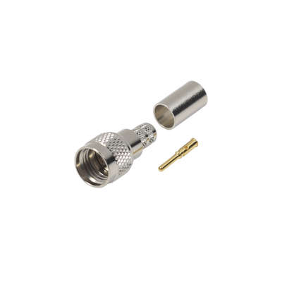 Conector Mini-UHF Macho, 50 Ohm de Anillo Plegable para  LMR-240, RG-8/X, 9258, Niquel/ Oro/ Delrin.