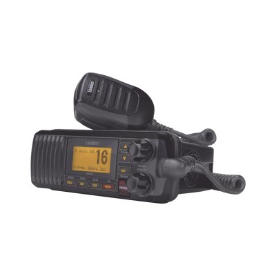 Radio Móvil Marino VHF, color negro, 25 W de potencia, sumergible IPX4, rango de frecuencia.: Tx: 156.025-157.425 MHz, Rx: 156.050-163.275 MHz. incluye micrófono y cable de alimentación