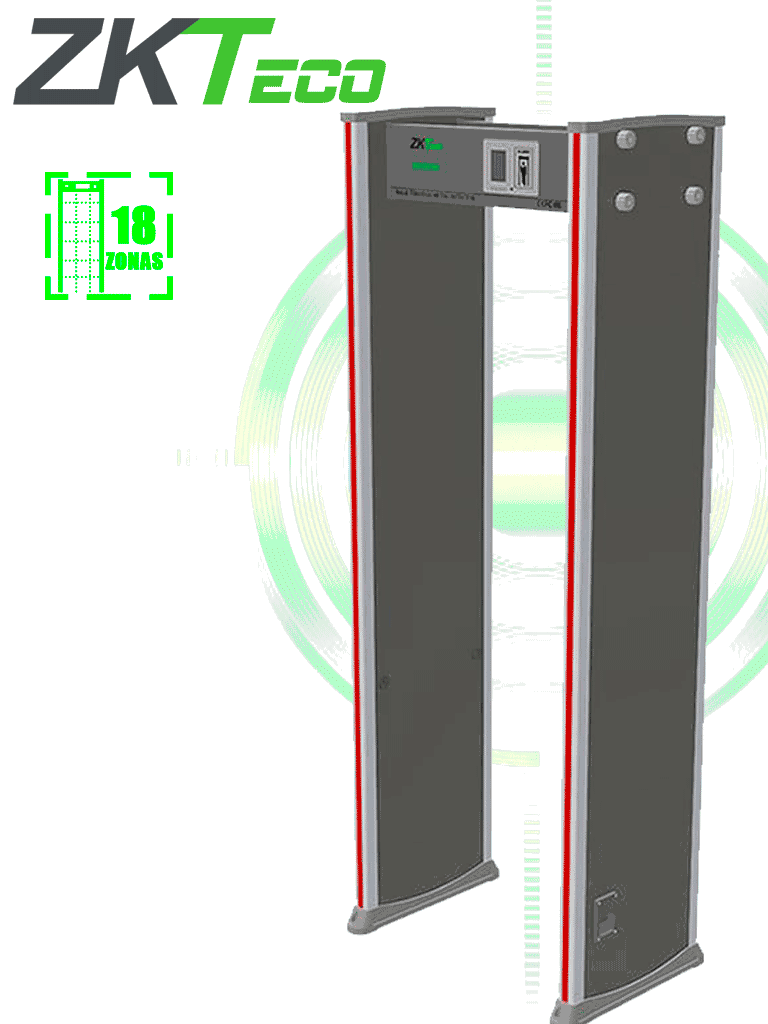 Imagen de ZKTECO ZKD2180 - Arco detector de metales con 18 zonas de detección, pantalla LCD de 3.5", 256 niveles de sensibilidad, y funciones de contador para alarmas y personas