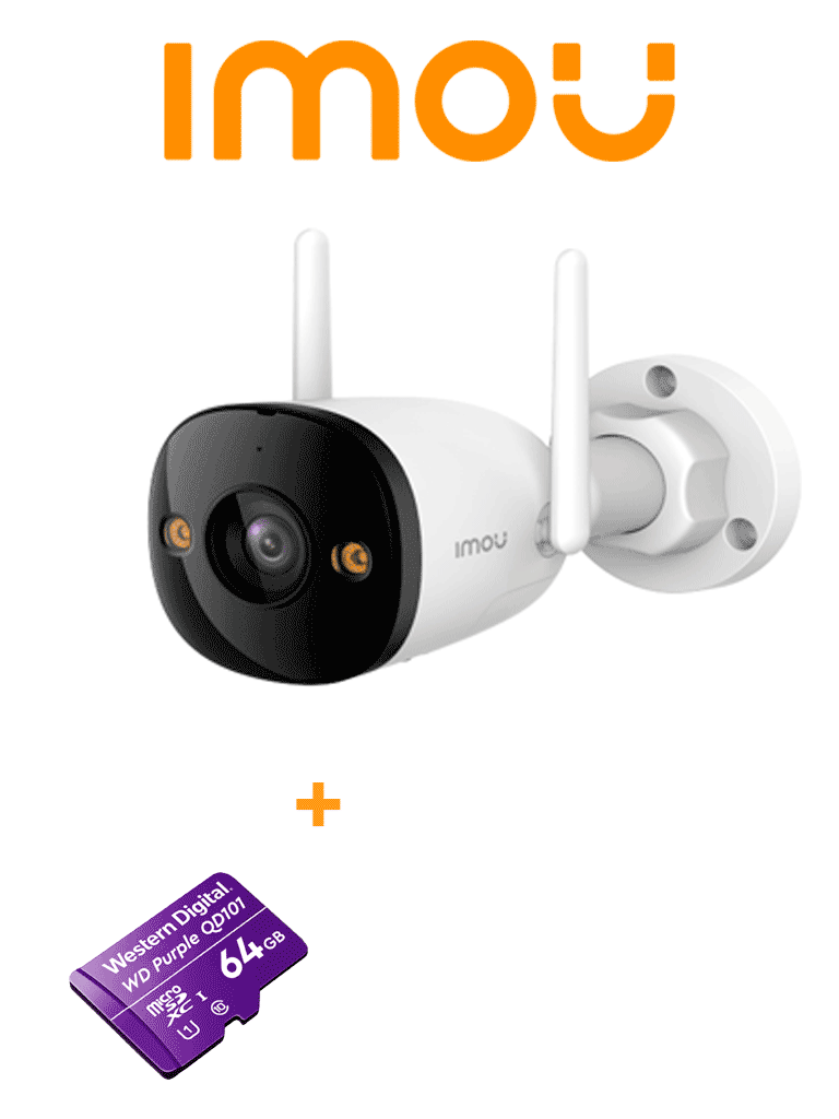 Imagen de GRATIS MEMORIA 64GB IMOU Bullet 3 3MP (IPC-S3EN-3M0WE) + WDD064G1P0C - Cámara IP Bullet WiFi de 3MP, Full Color, con IMOU Sense, visión nocturna inteligente, audio bidireccional, disuasión activa, 108° de visión, IR 30m, H.265, IP67 y ranura MicroSD