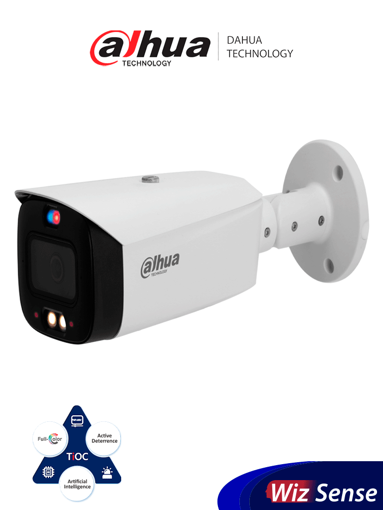 Imagen de DAHUA IPC-HFW3449T1-AS-PV Cámara IP Bullet 4MP/ TiOC/ WizSense/ Iluminador Dual Inteligente/ Disuasión Activa/ Lente 3.6mm/ 30 Metros de IR y Luz Visible/ Sirena y Estrobo Azul y Rojo/ SMD 4.0/ Ranura Micro SD/ E&S de Alarma y Audio/ IP67.