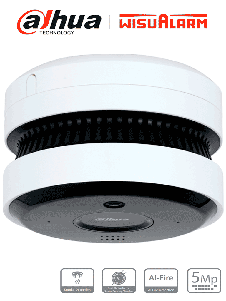 Imagen de DAHUA WISUALARM DHI-HY-SAV849HA-E - Cámara IP 5MP con IA para Detección de Incendio/ Detector Fotoelectrico/ Buzzer de 85 dB/ WDR Real/ Flip/ E&S de Alarma/ IR de 20 Metros/ PoE/ Microfono y Altavoz/ Ranura MicroSD/