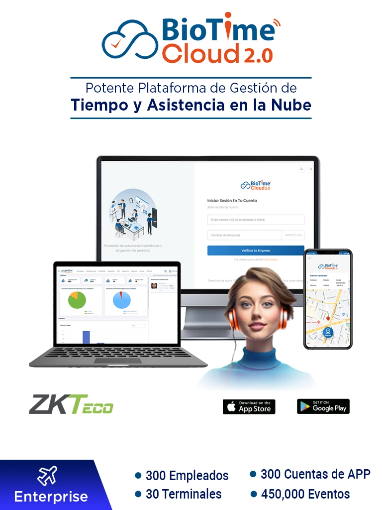 Imagen de ZKTECO BIOTIMECLOUDENTERPRISE - Licencia de Asistencia en la Nube para 300 Empleados, 30 Terminales, 450,000 Eventos y 300 Cuentas de App, Suscripción por un Año