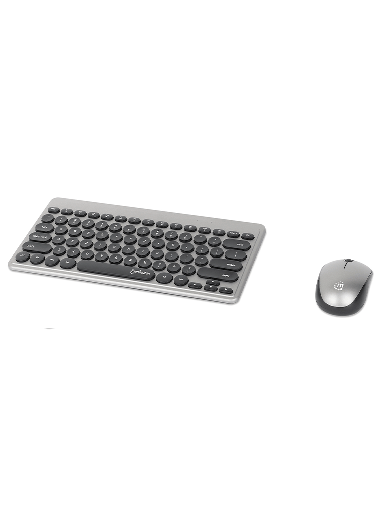 Imagen de MANHATTAN - 180795 - Kit mini teclado y mouse óptico inalámbricos / Receptor USB-A Nano para ambos, 12 teclas multimedia/función, mouse óptico ambidiestro 3 botones y rueda de desplazamiento, negro/plateado