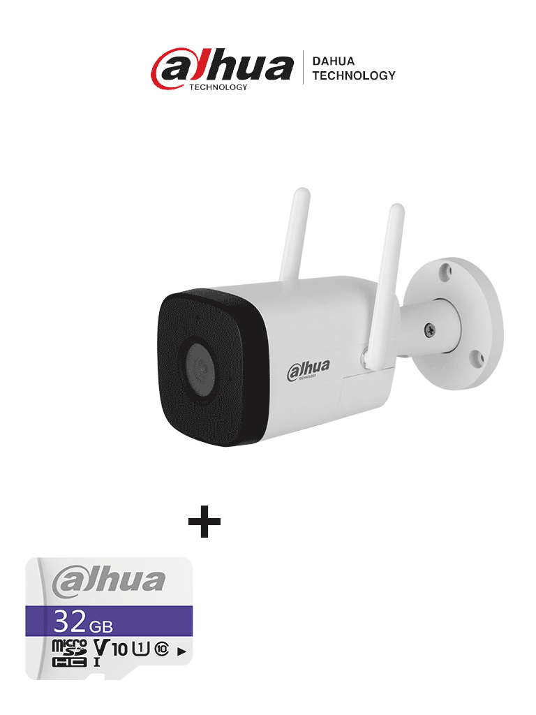 Imagen de Bundle IPC-HFW1230DT-STW - Cámara IP Bullet Wifi de 2 Megapixeles/ Lente de 2.8 mm/ 100 Grados de Apertura/ IR de 30 Metros/ H.265/ Microfono y Altavoz Integrados/ Ranura MicroSD/ IP67/ Detección de Movimiento/ + Memoria Micro SD de 32 GB/