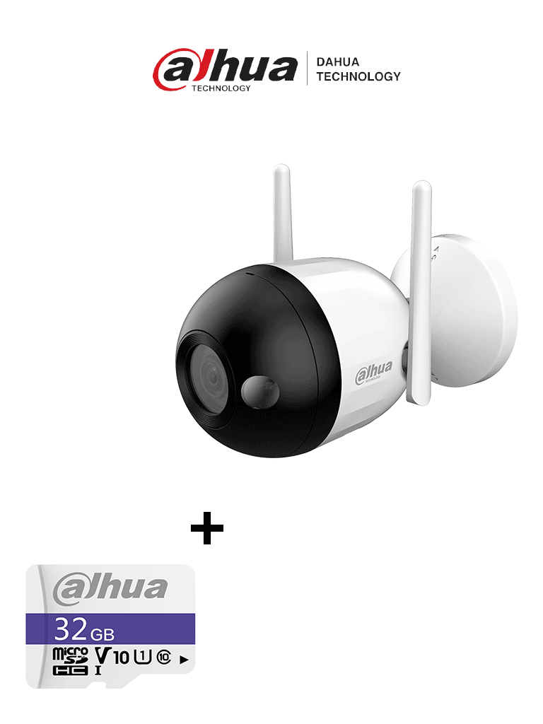 Imagen de Bundle F2C-LED - Cámara IP Bullet Wifi de 2 Megapíxeles/ Full Color/ Microfono Integrado/ 30 Mts de Luz Visible/ Ranura para MicroSD/ IA con Detección de Humanos/ IP67/ + Memoria Micro SD  de 32GB/