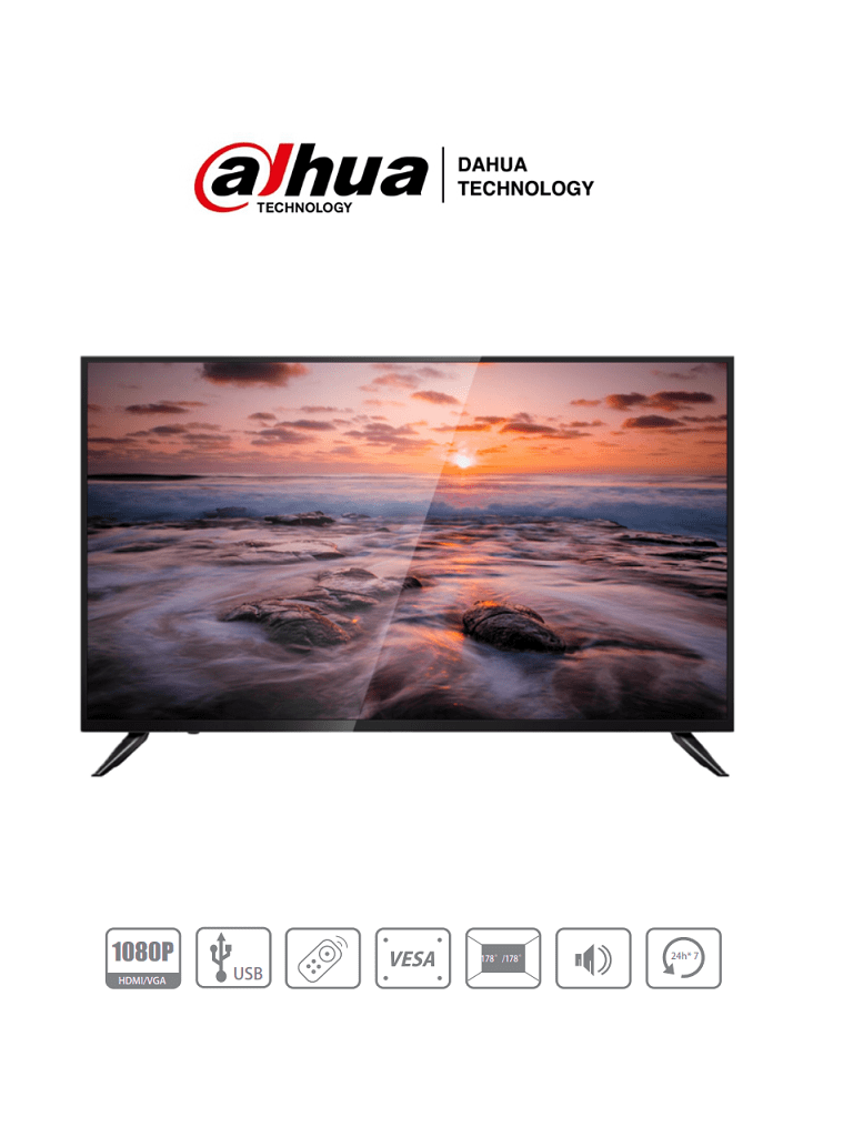 Imagen de DAHUA LM43-F200 -Pantalla profesional de 43" FHD, ideal para sistemas CCTV. Diseñada para operar 24/7, con conectividad VGA y HDMI, altavoces integrados, brillo de 330 cd/m² y tiempo de respuesta de 8 ms.