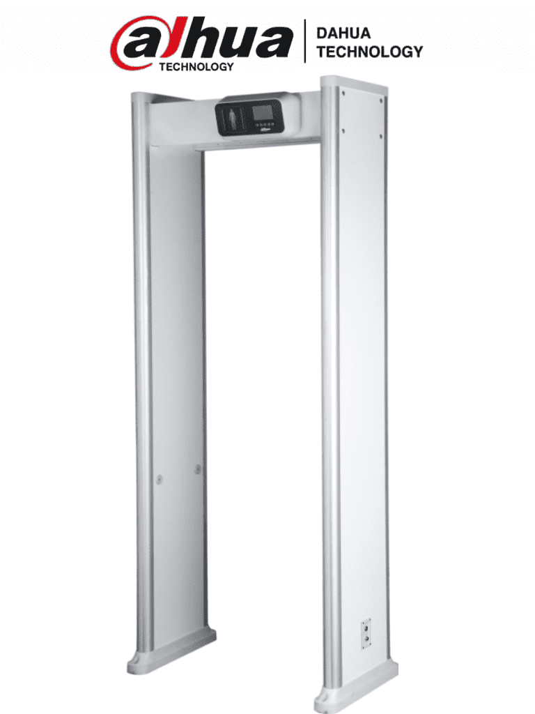 Imagen de DAHUA ISC-D118C - Arco detector de metales con 18 zonas y pantalla LCD de 3.5". Ofrece 9 sonidos de alarma ajustables en 10 niveles de volumen, luces indicadoras por área, contador de pasos y alarmas, y 255 niveles de sensibilidad configurables.