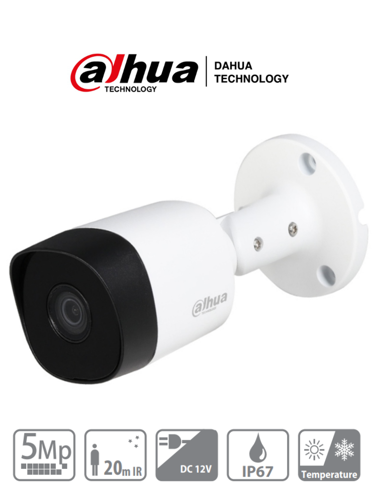 Imagen de DAHUA HAC-B2A51N-0280B-S2 - Cámara bullet de 5 MP con lente de 2.8 mm y ángulo de visión de 106°. Incorpora IR de 20 m para visión nocturna, resistente IP67, y materiales metálicos. Compatible con CVI, CVBS, AHD y TVI