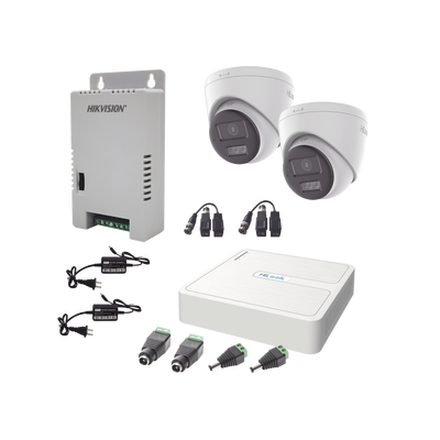 Kit HiLook Audio Bidireccional TurboHD 1080p / DVR 4 Canales / 2 Cámaras Turret (Exterior) con Bocina y Microfóno Integrado / 2 Fuentes de Poder / Accesorios