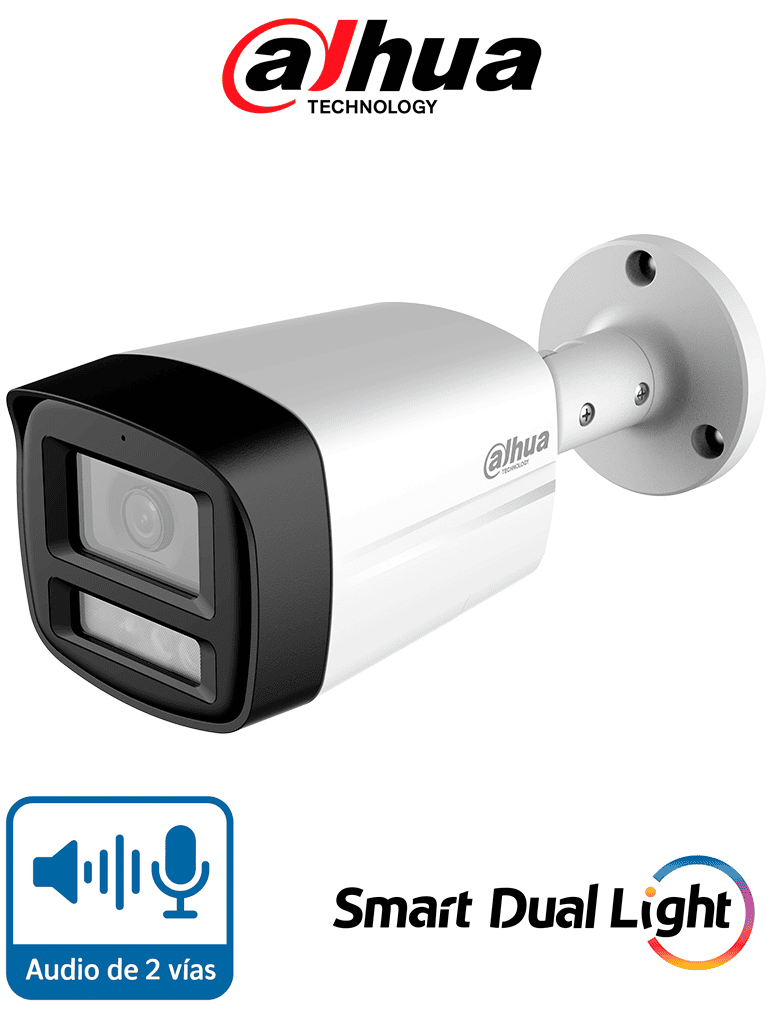 Imagen de DAHUA HAC-HFW1200TLM-IL-T- Cámara Bullet de 2 Megapíxeles/ Lente de 2.8 mm Apertura de Hasta 111°/ Audio Bidireccional/ Iluminador Dual Inteligente Hasta 40m/ Metal + Plastico/